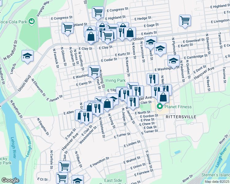 map of restaurants, bars, coffee shops, grocery stores, and more near 923 East Sycamore Street in Allentown