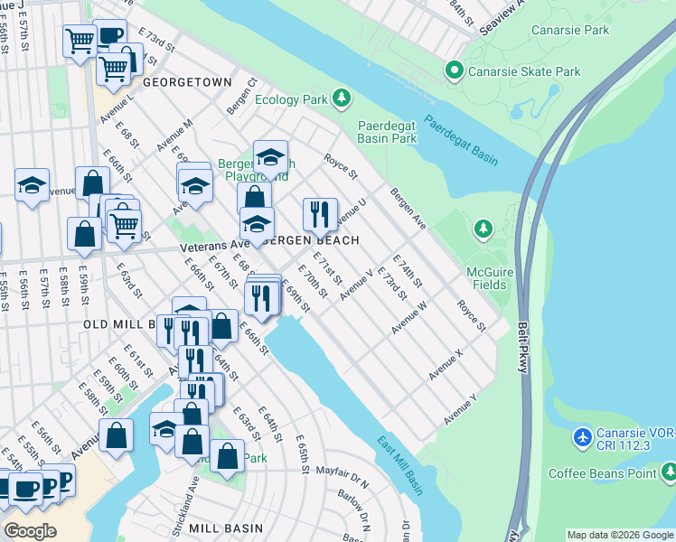 map of restaurants, bars, coffee shops, grocery stores, and more near 2160 East 71st Street in Brooklyn