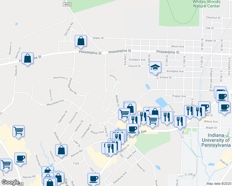 map of restaurants, bars, coffee shops, grocery stores, and more near Medlar Drive in Indiana