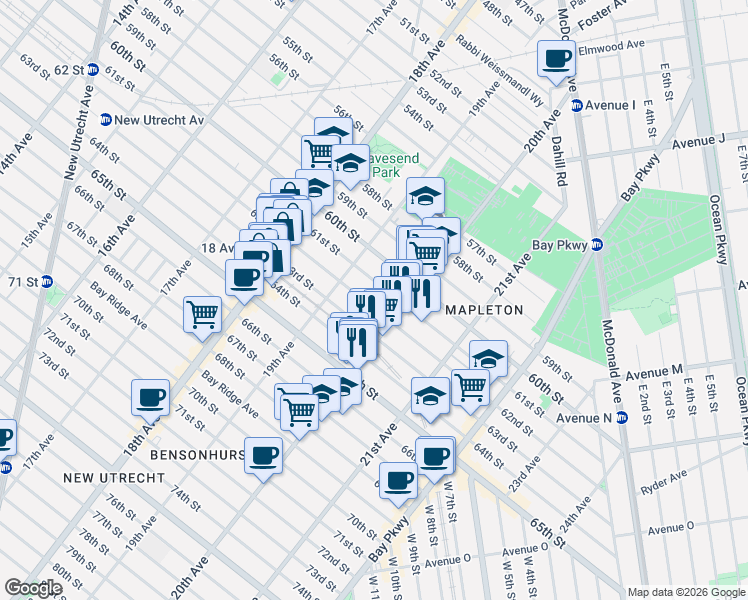 map of restaurants, bars, coffee shops, grocery stores, and more near 1967 62nd Street in Brooklyn