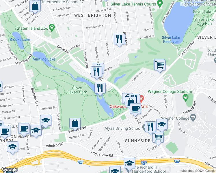 map of restaurants, bars, coffee shops, grocery stores, and more near in Staten Island