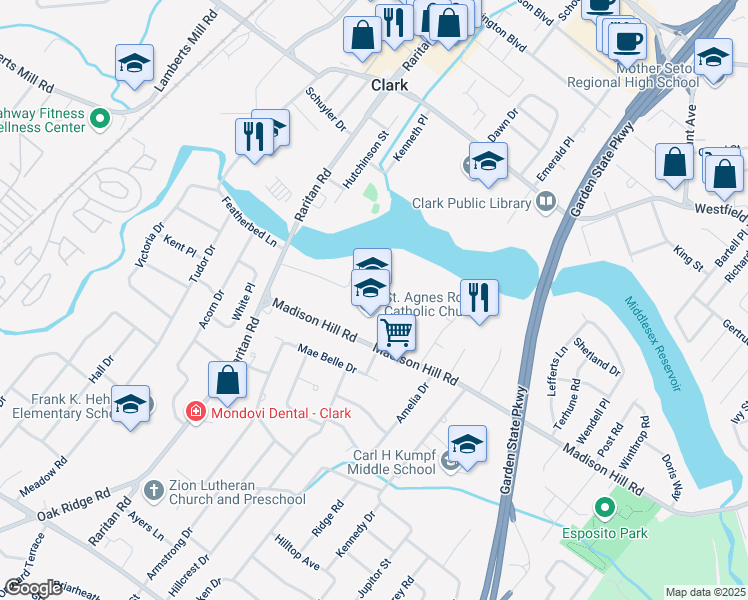 map of restaurants, bars, coffee shops, grocery stores, and more near 1180 Raritan Road in Clark