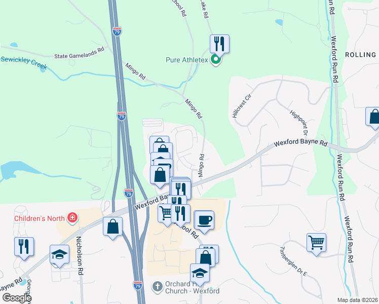 map of restaurants, bars, coffee shops, grocery stores, and more near 322 Marshall Heights Drive in Wexford