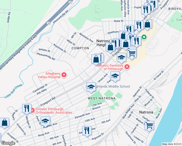 map of restaurants, bars, coffee shops, grocery stores, and more near 1415 Freeport Road in Natrona Heights