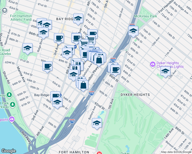 map of restaurants, bars, coffee shops, grocery stores, and more near 74 Gatling Place in Brooklyn