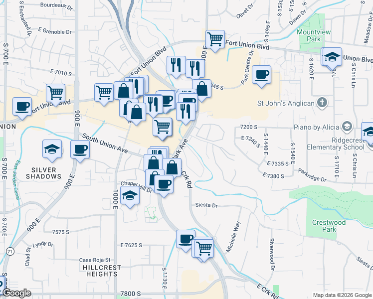 map of restaurants, bars, coffee shops, grocery stores, and more near 1190 East Waterside Cove in Cottonwood Heights