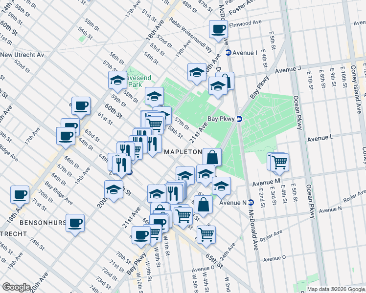 map of restaurants, bars, coffee shops, grocery stores, and more near 5816 21st Avenue in Brooklyn