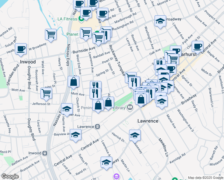 map of restaurants, bars, coffee shops, grocery stores, and more near 274 Caryl Drive in Lawrence