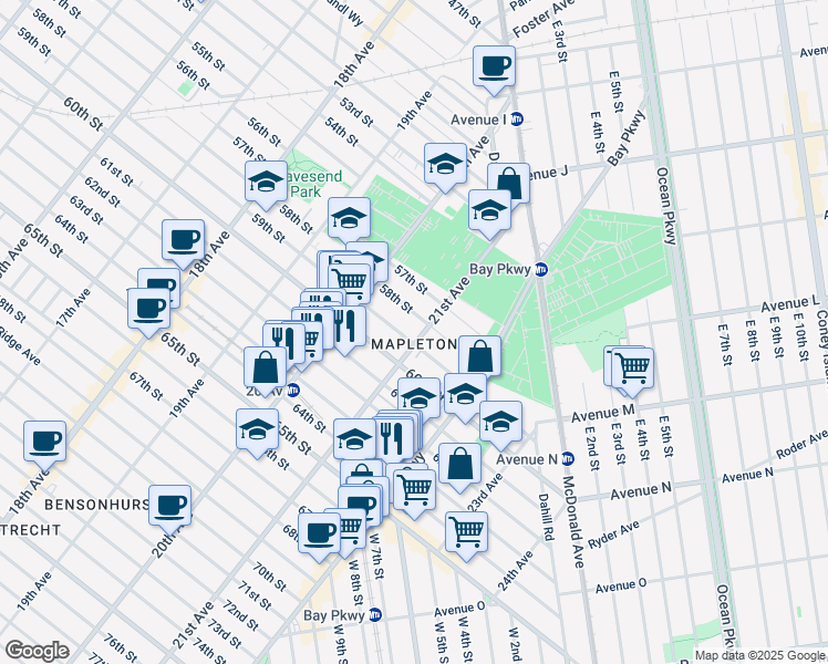 map of restaurants, bars, coffee shops, grocery stores, and more near 2102 59th Street in Brooklyn