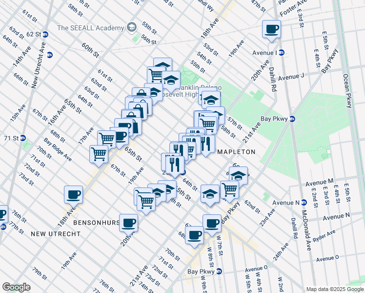 map of restaurants, bars, coffee shops, grocery stores, and more near 1971 62nd Street in Brooklyn