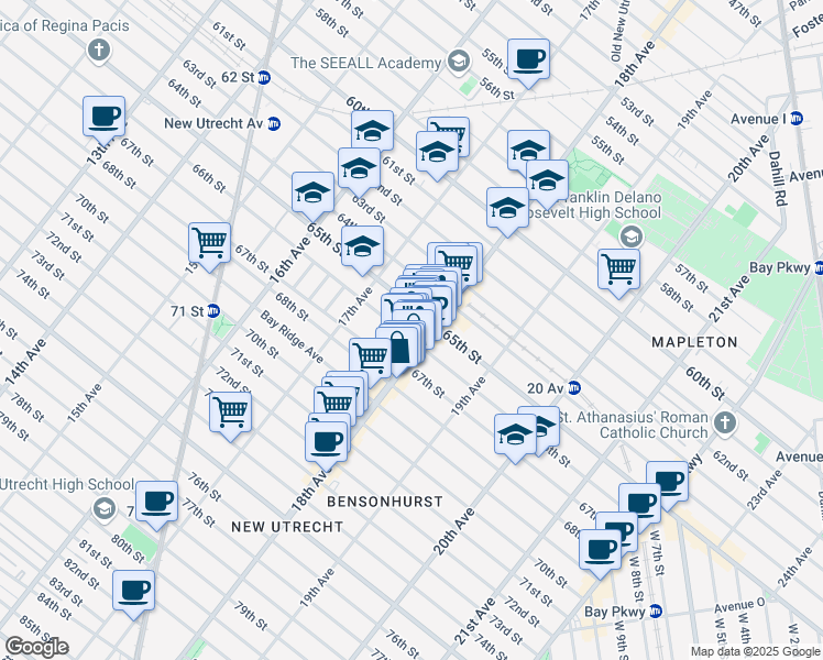 map of restaurants, bars, coffee shops, grocery stores, and more near 6521 18th Avenue in Brooklyn