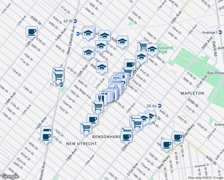map of restaurants, bars, coffee shops, grocery stores, and more near 1751 67th Street in Brooklyn