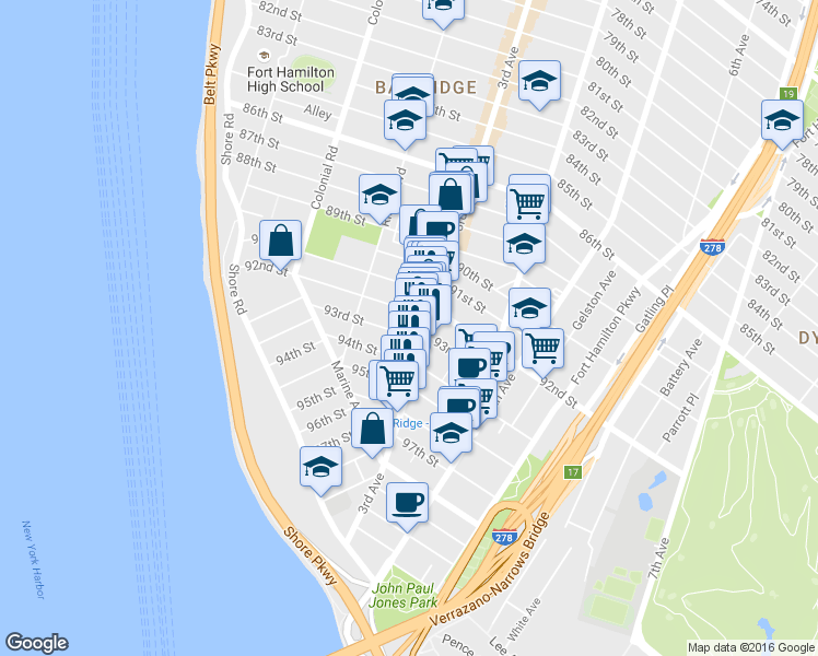 map of restaurants, bars, coffee shops, grocery stores, and more near 260 93rd Street in Brooklyn