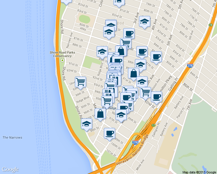 map of restaurants, bars, coffee shops, grocery stores, and more near 260 93rd Street in Brooklyn
