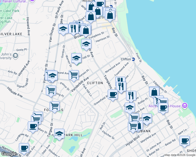map of restaurants, bars, coffee shops, grocery stores, and more near 25 Fairway Avenue in Staten Island