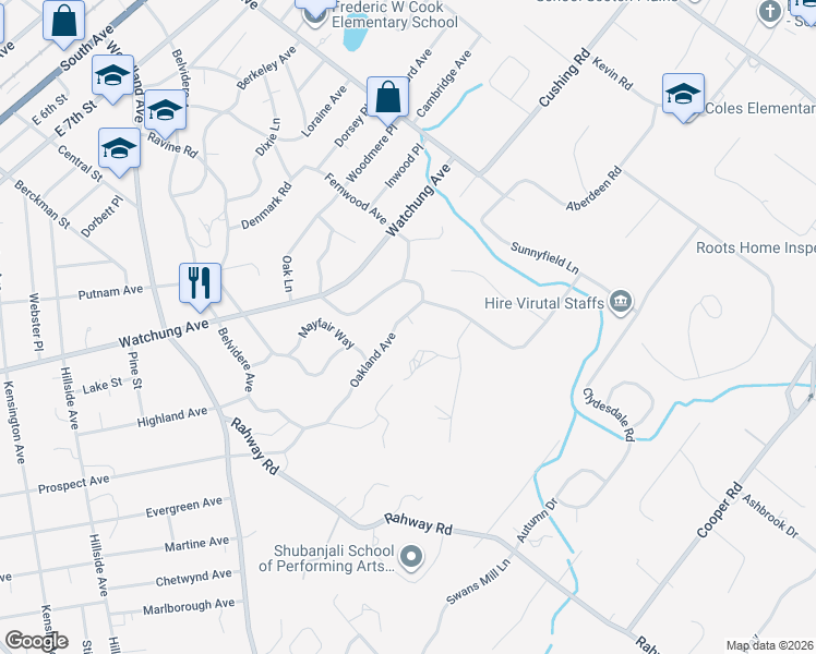map of restaurants, bars, coffee shops, grocery stores, and more near 1060-66 Oakland Avenue in Plainfield
