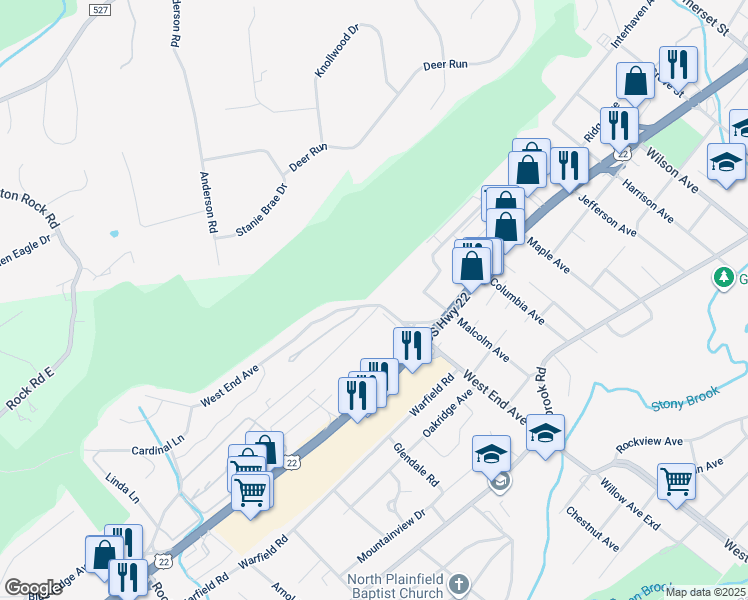 map of restaurants, bars, coffee shops, grocery stores, and more near 457 West End Avenue in North Plainfield
