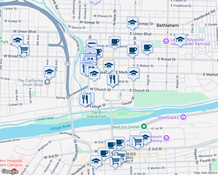 map of restaurants, bars, coffee shops, grocery stores, and more near North New Street in Bethlehem