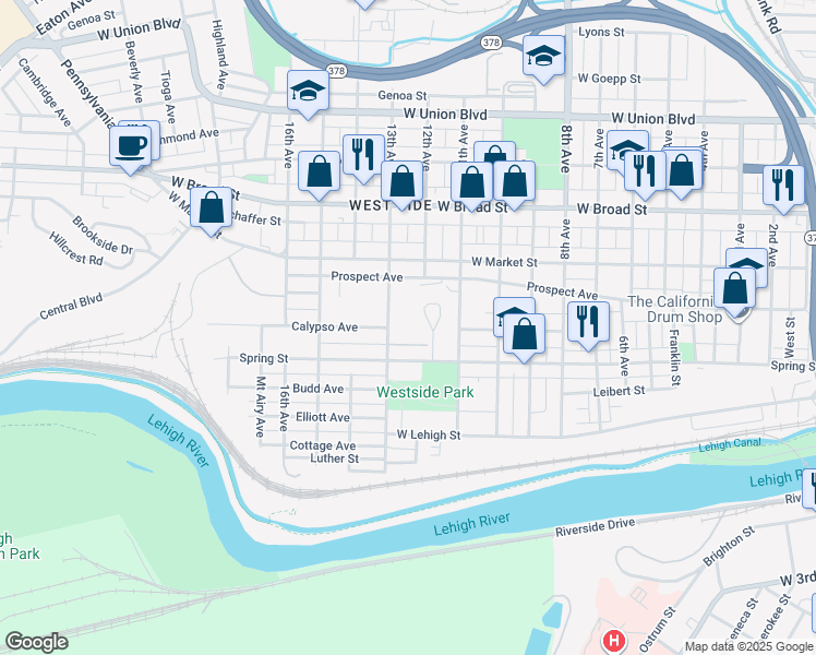 map of restaurants, bars, coffee shops, grocery stores, and more near 330 13th Avenue in Bethlehem