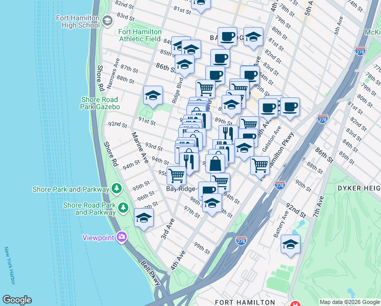 map of restaurants, bars, coffee shops, grocery stores, and more near 9214 3rd Avenue in Brooklyn