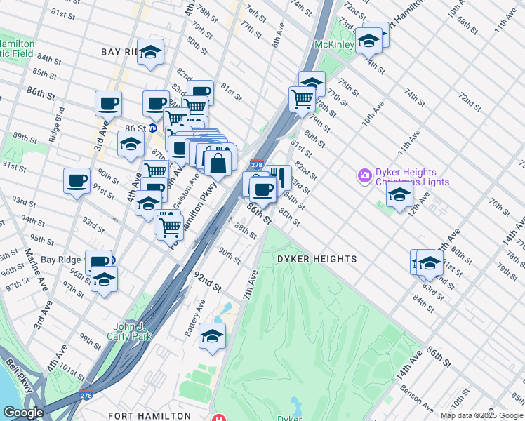 map of restaurants, bars, coffee shops, grocery stores, and more near 15 Battery Avenue in Brooklyn