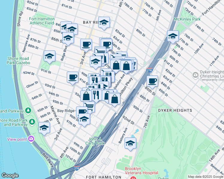 map of restaurants, bars, coffee shops, grocery stores, and more near 94 Gelston Avenue in Brooklyn