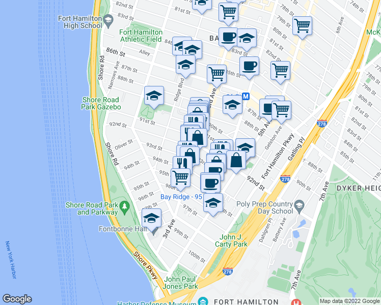 map of restaurants, bars, coffee shops, grocery stores, and more near 9204 3rd Avenue in Brooklyn