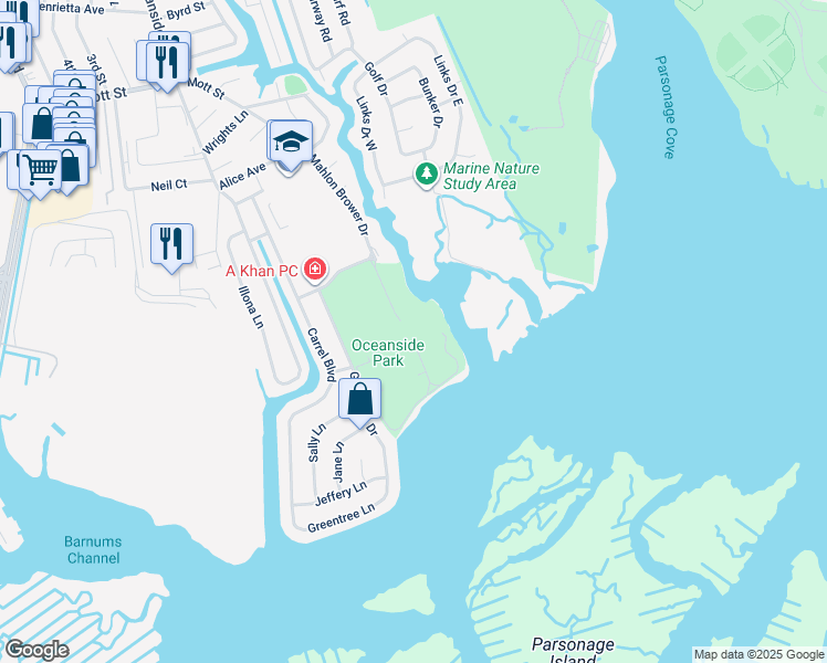 map of restaurants, bars, coffee shops, grocery stores, and more near 3800 Mahlon Brower Drive in Oceanside