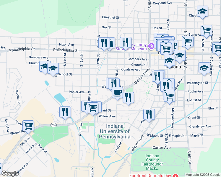 map of restaurants, bars, coffee shops, grocery stores, and more near 1105 Oakland Avenue in Indiana