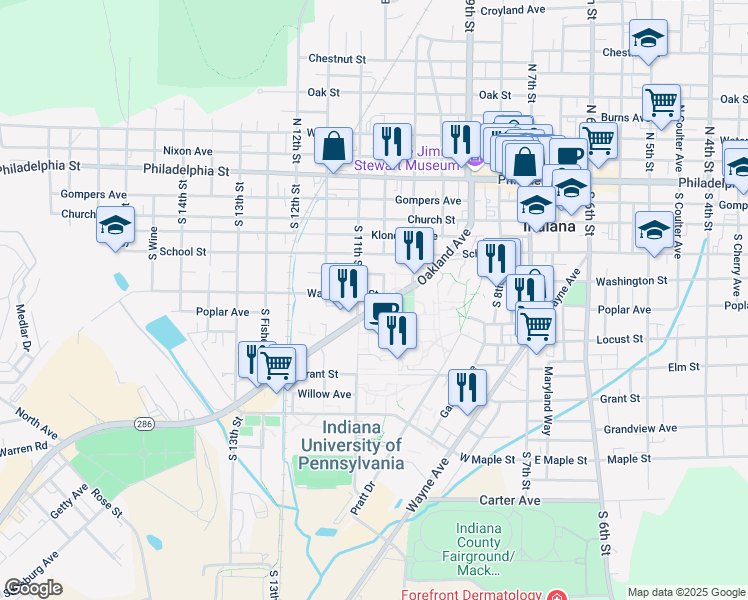 map of restaurants, bars, coffee shops, grocery stores, and more near 1030 Washington Street in Indiana