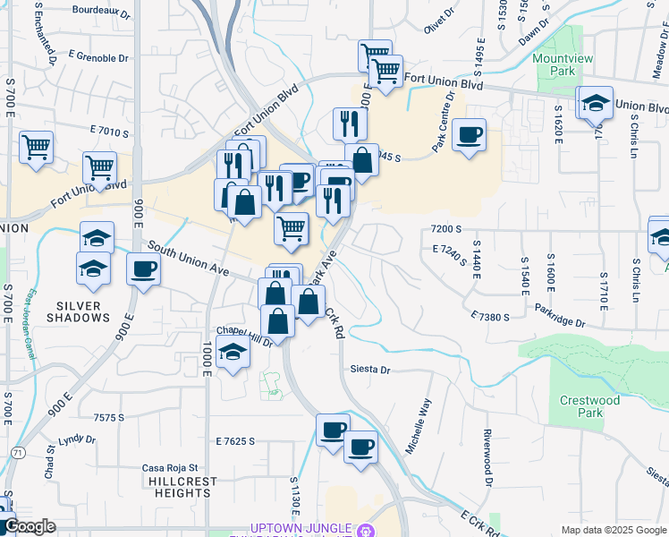 map of restaurants, bars, coffee shops, grocery stores, and more near 1190 Waterside Cove in Midvale
