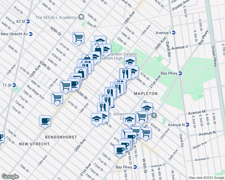 map of restaurants, bars, coffee shops, grocery stores, and more near 1971 62nd Street in Brooklyn