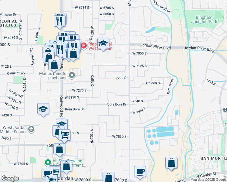 map of restaurants, bars, coffee shops, grocery stores, and more near 1384 West 7290 South in West Jordan