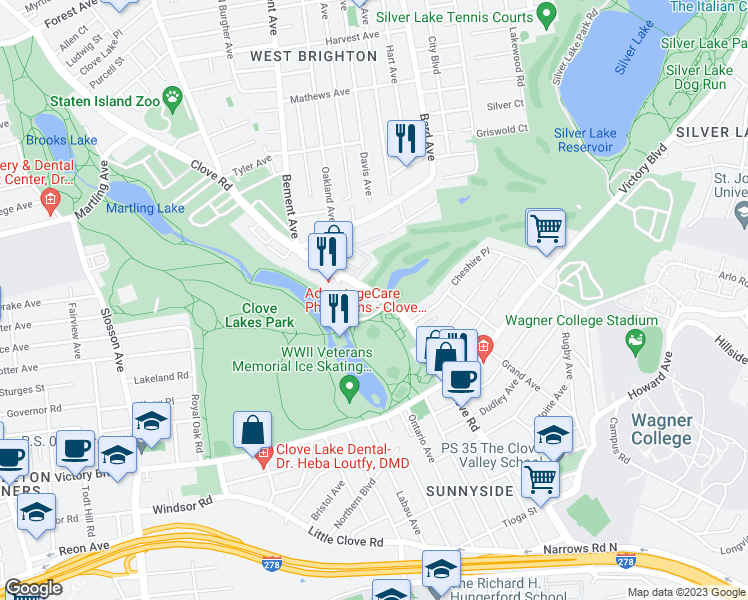 map of restaurants, bars, coffee shops, grocery stores, and more near 1134 Clove Road in Staten Island
