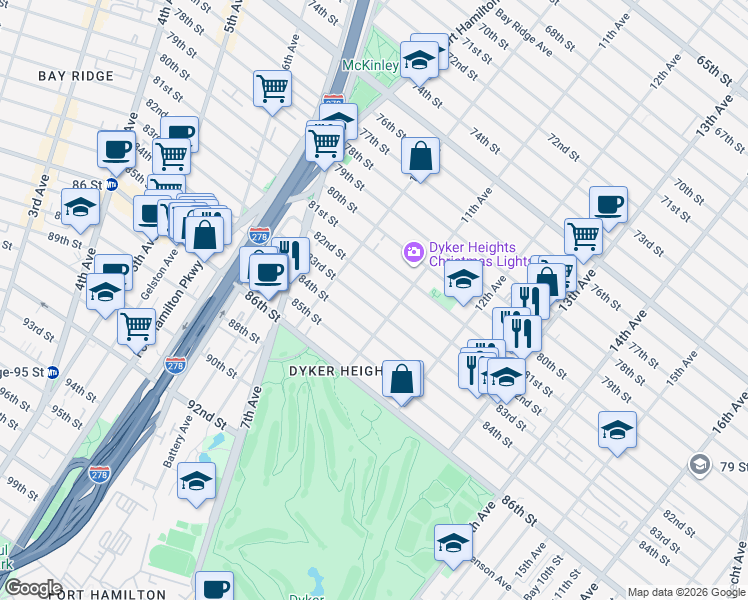 map of restaurants, bars, coffee shops, grocery stores, and more near 1067 84th Street in Brooklyn