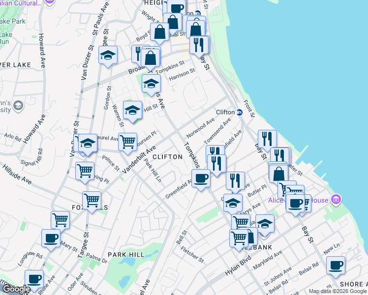 map of restaurants, bars, coffee shops, grocery stores, and more near 244 Tompkins Avenue in Staten Island