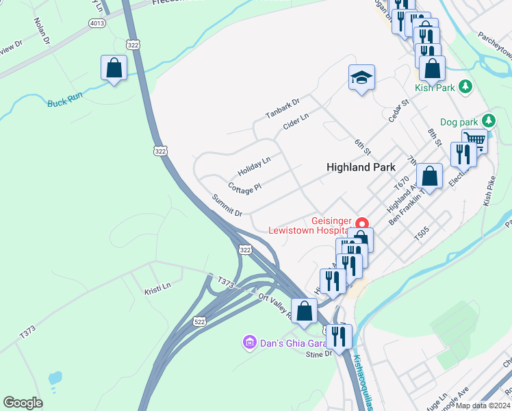 map of restaurants, bars, coffee shops, grocery stores, and more near 301-399 Summit Dr in Lewistown