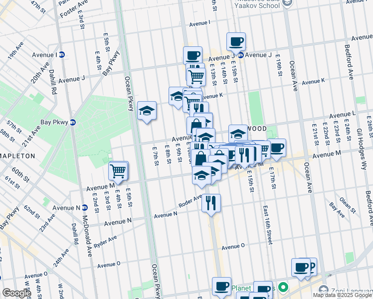 map of restaurants, bars, coffee shops, grocery stores, and more near 165 Erasmus Street in Brooklyn