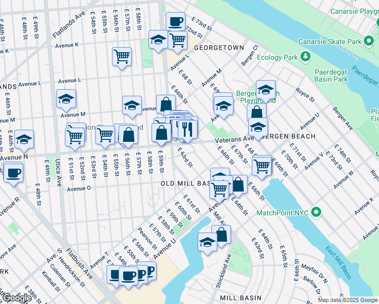 map of restaurants, bars, coffee shops, grocery stores, and more near 1465 East 63rd Street in Brooklyn