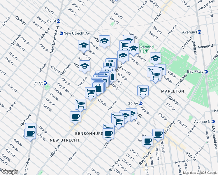 map of restaurants, bars, coffee shops, grocery stores, and more near 1843 65th Street in Brooklyn