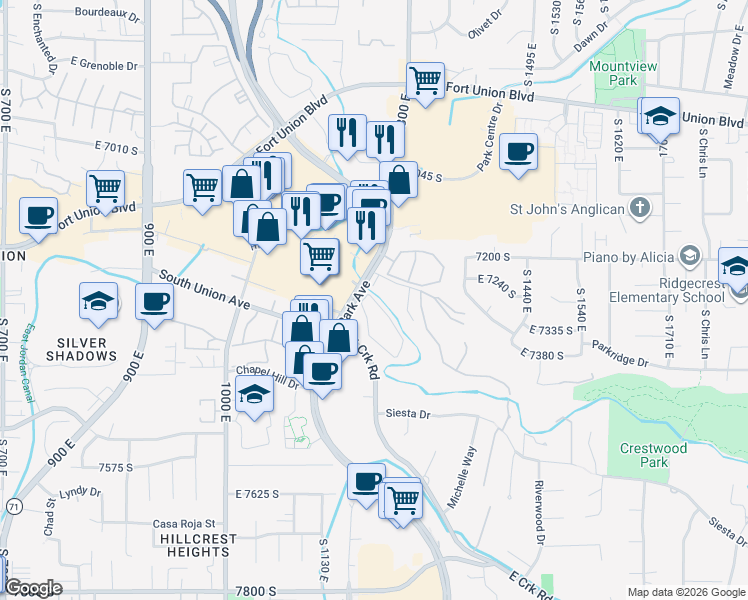 map of restaurants, bars, coffee shops, grocery stores, and more near 1199 Waterside Cove in Midvale