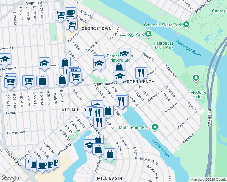 map of restaurants, bars, coffee shops, grocery stores, and more near 2051 East 67th Street in Brooklyn
