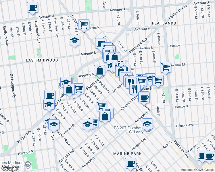 map of restaurants, bars, coffee shops, grocery stores, and more near 1564 Kimball Street in Brooklyn
