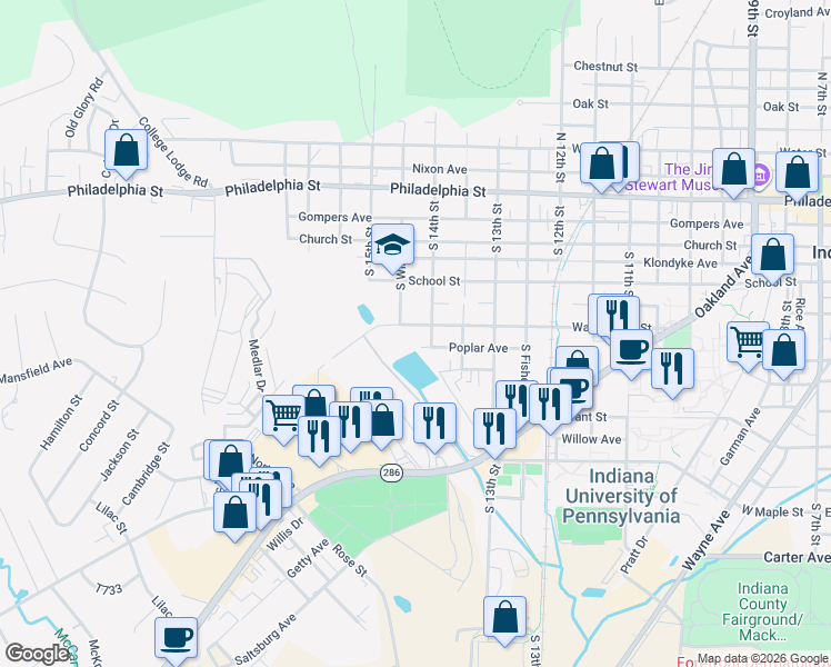 map of restaurants, bars, coffee shops, grocery stores, and more near 353 South 14th Street in Indiana