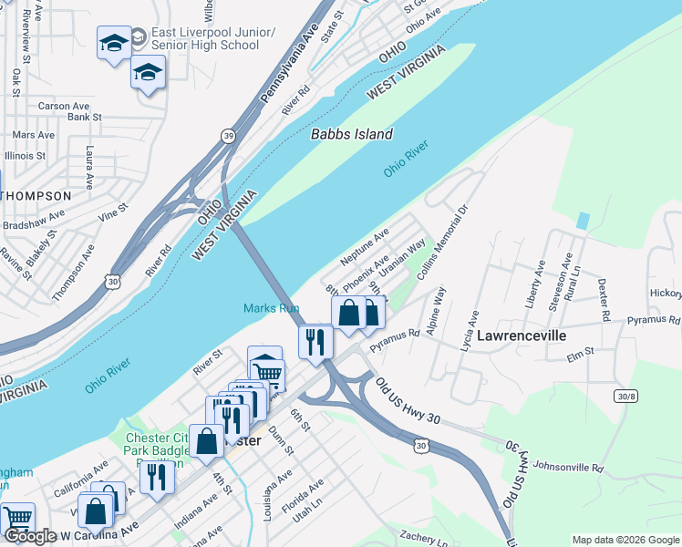map of restaurants, bars, coffee shops, grocery stores, and more near 834 Phoenix Ave in Chester