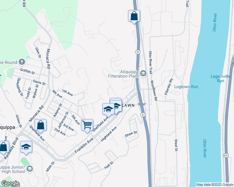 map of restaurants, bars, coffee shops, grocery stores, and more near 200 Superior Avenue in Aliquippa