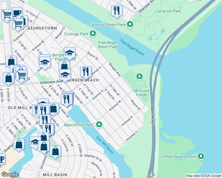 map of restaurants, bars, coffee shops, grocery stores, and more near 2229 East 73rd Street in Brooklyn