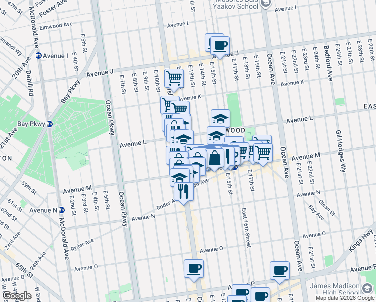 map of restaurants, bars, coffee shops, grocery stores, and more near 1603 Coney Island Avenue in Brooklyn