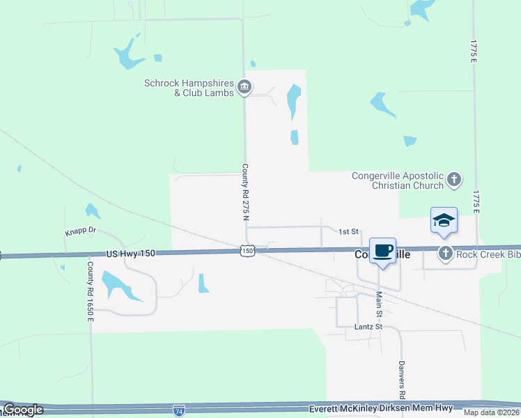 map of restaurants, bars, coffee shops, grocery stores, and more near 209-223 County Road 275 North in Congerville