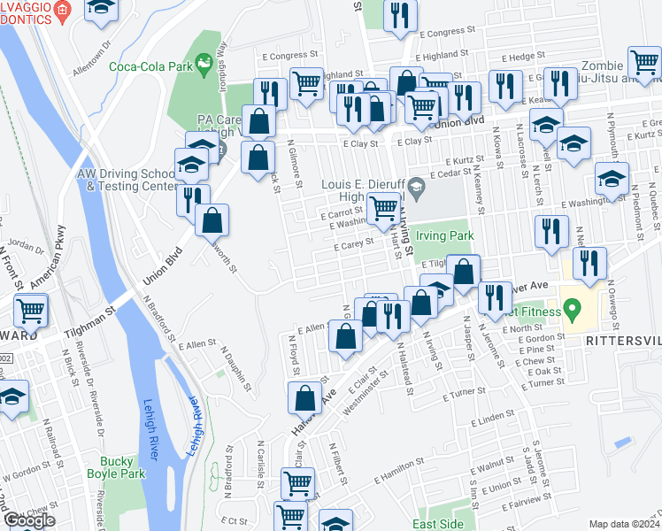 map of restaurants, bars, coffee shops, grocery stores, and more near 720 East Green Street in Allentown